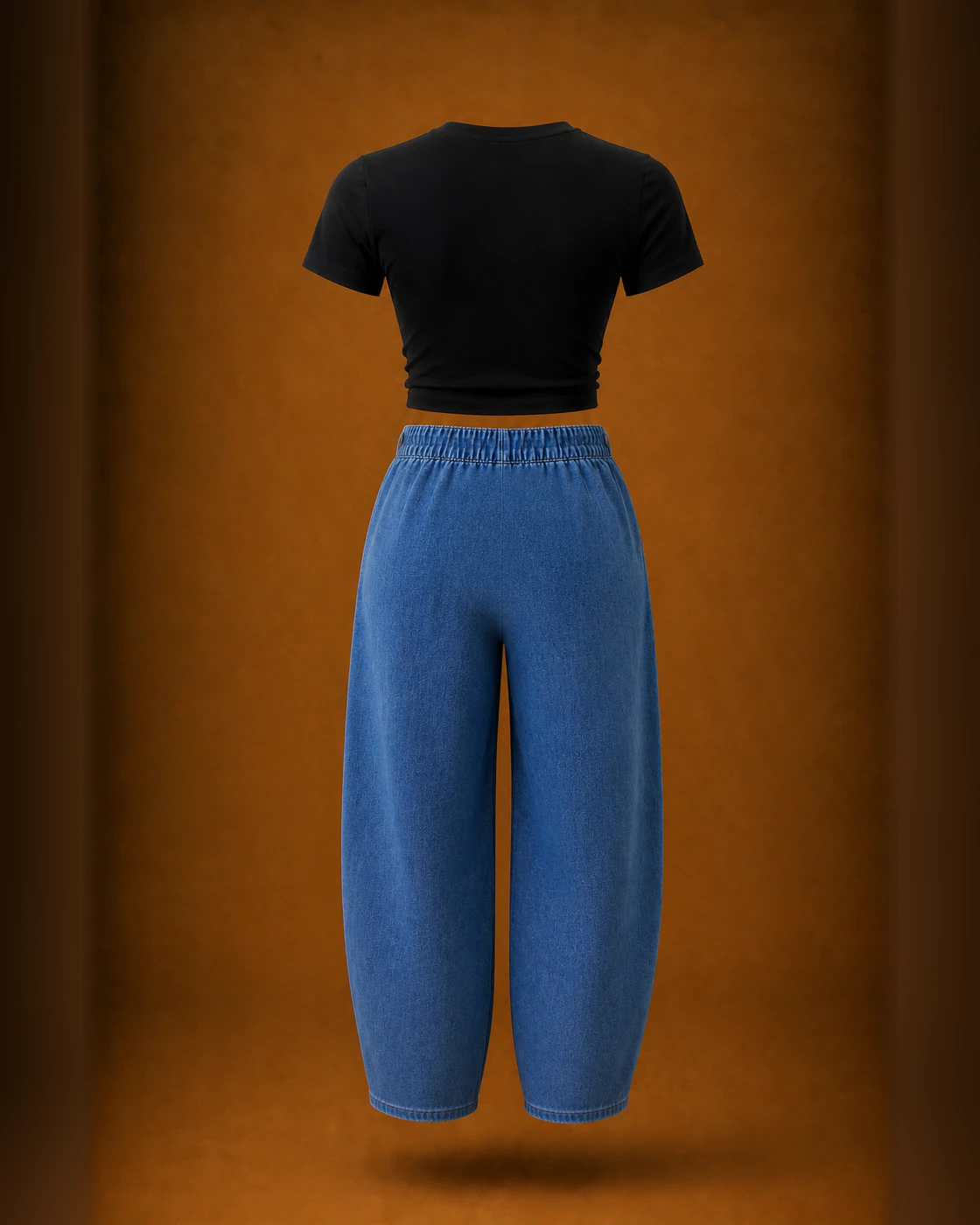 Black Cropped Tee and Blue-Wash Drawstring Barrel Trousers Set · garment back.