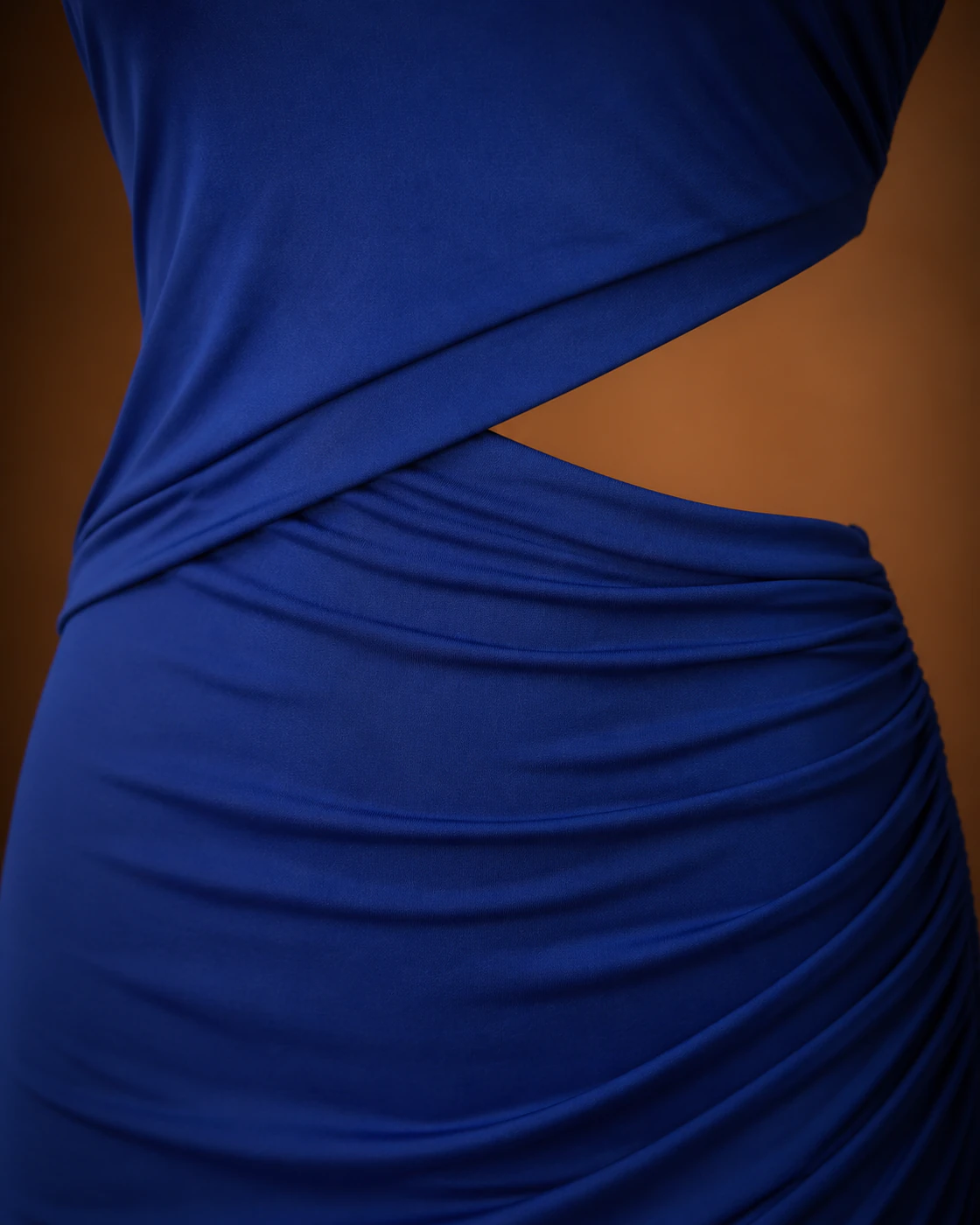 Cobalt Long-Sleeve Crossover Cutout Mini Dress · fabric detail.