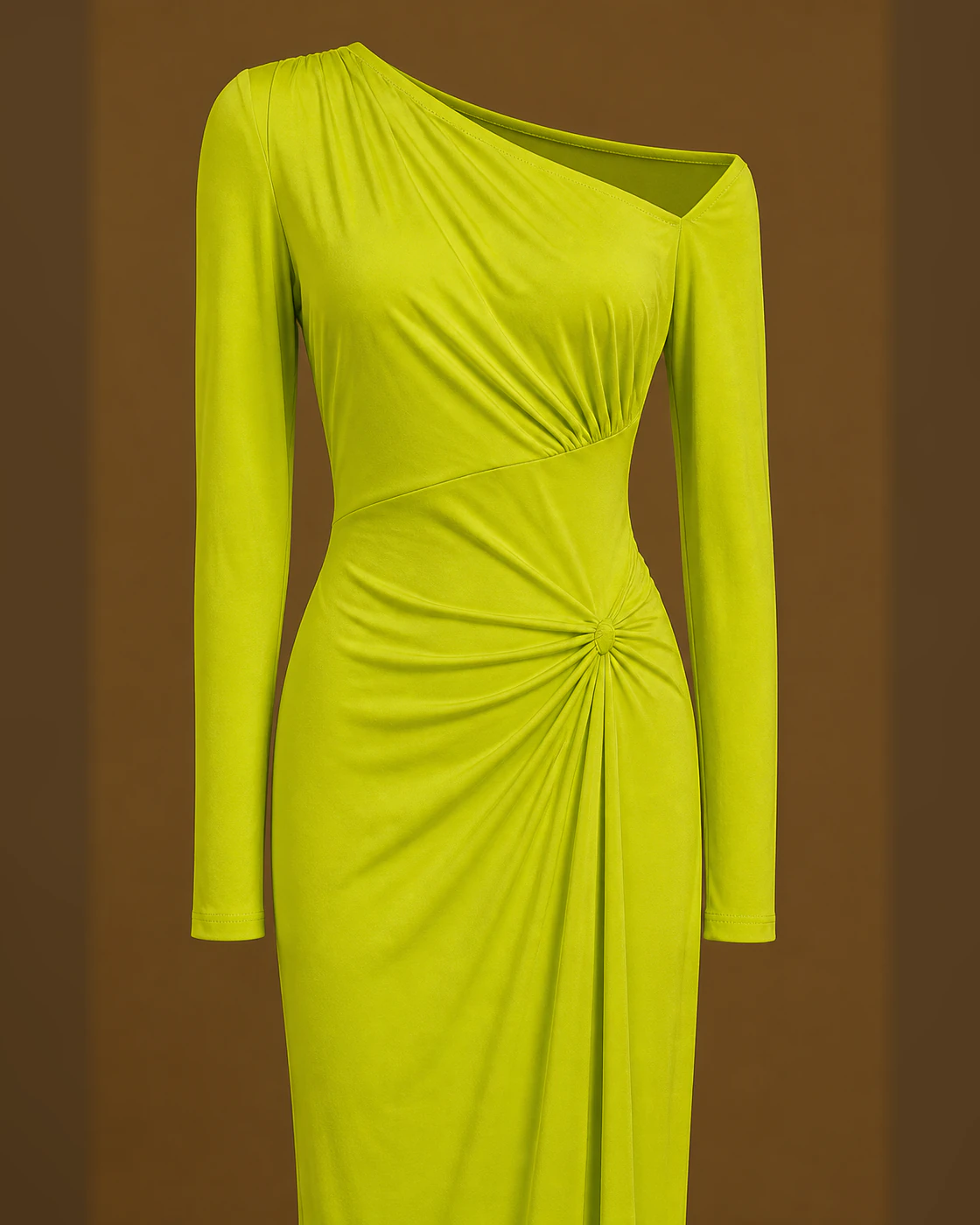 Neon Chartreuse Asymmetric Ruched-Knot Maxi Dress · fabric detail.