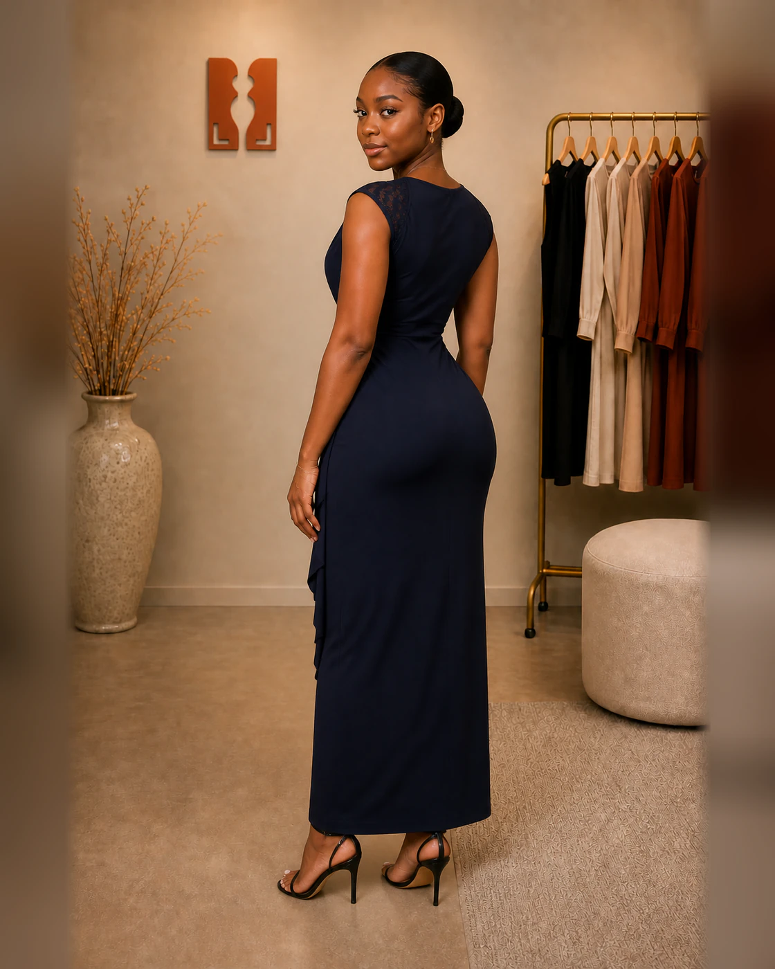 Dark Navy Draped Cowl-Neck Side-Cascade Maxi Dress · on lulu · right rear three-quarter.