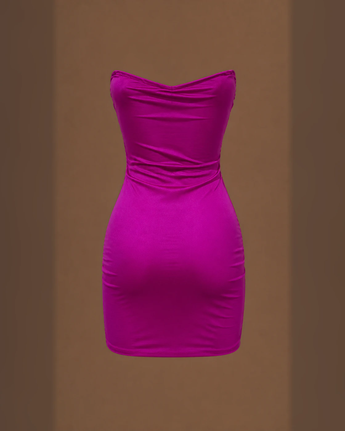 Fuchsia Strapless Ruched Cascade-Ruffle Mini Dress · garment back.