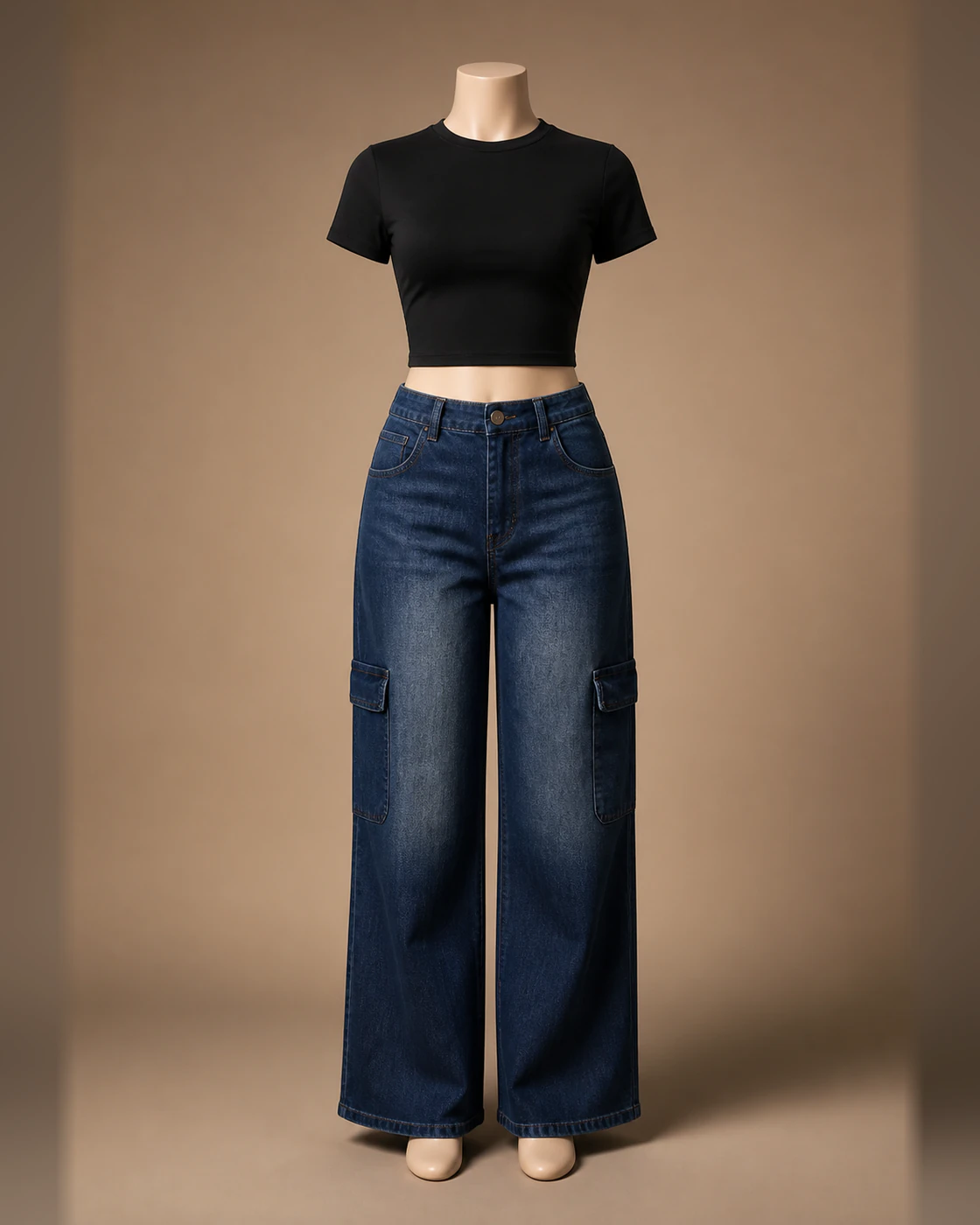 Black Cropped Tee and Dark Indigo Wide-Leg Cargo Jeans Set · on mannequin.