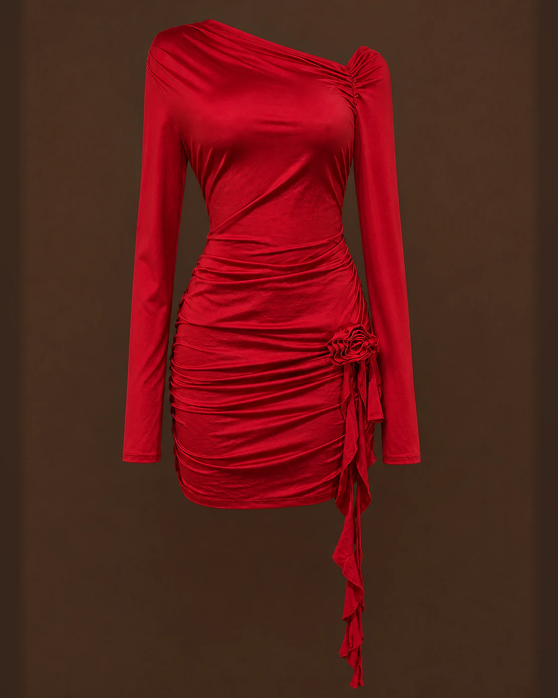 Scarlet Asymmetric Cascade Ruched Mini Dress · fabric detail.