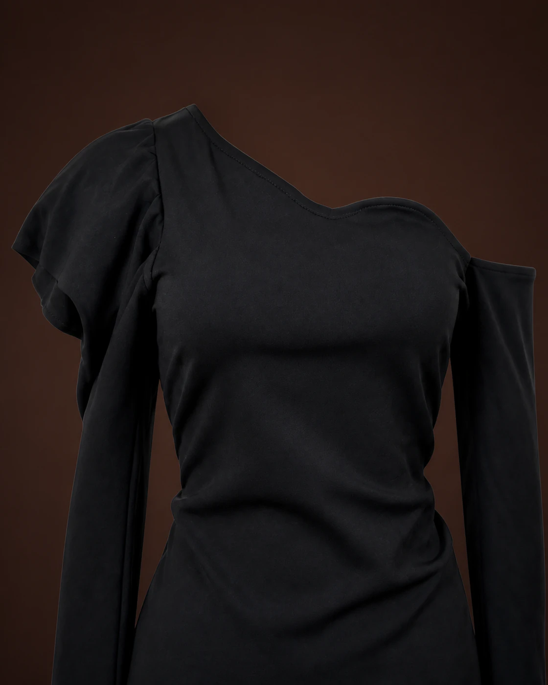 Black Asymmetric Sculpted-Shoulder Mini Dress · fabric detail.