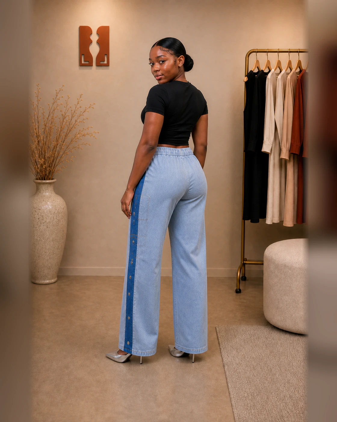 Black Cropped Tee and Light-Wash Snap-Panel Trousers Set · on lulu · right rear three-quarter.