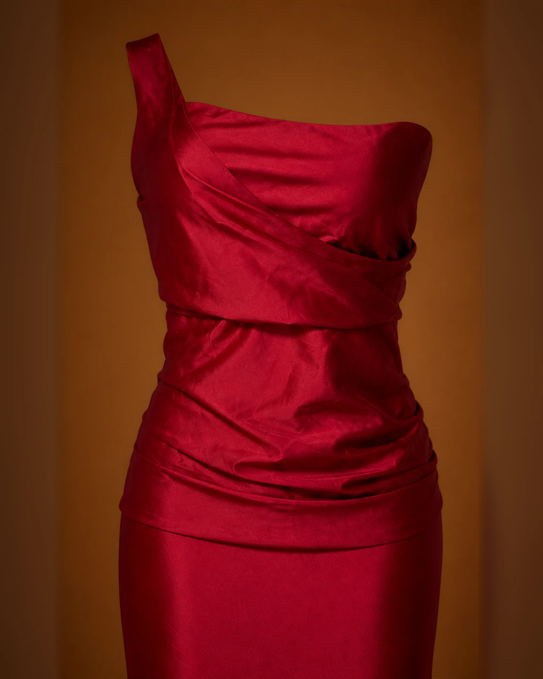 Crimson Asymmetric Draped Satin Maxi Dress · fabric detail.