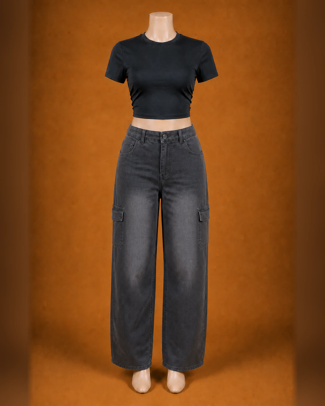 Black Cropped Tee and Charcoal-Wash Wide-Leg Cargo Jeans Set · on mannequin.