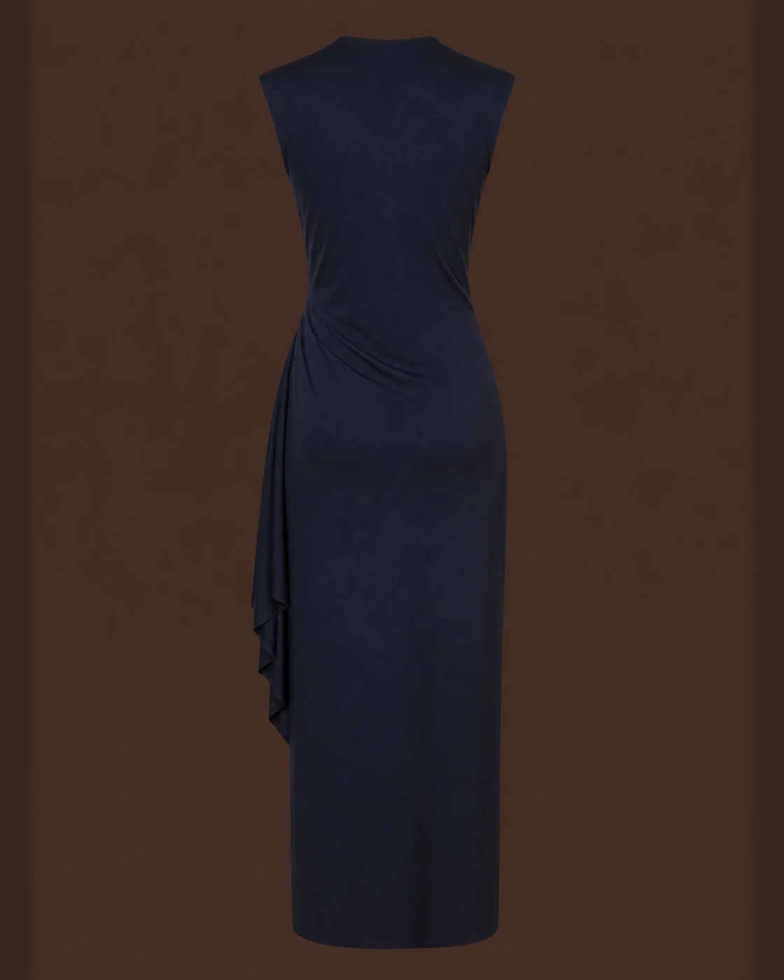 Dark Navy Draped Cowl-Neck Side-Cascade Maxi Dress · garment back.