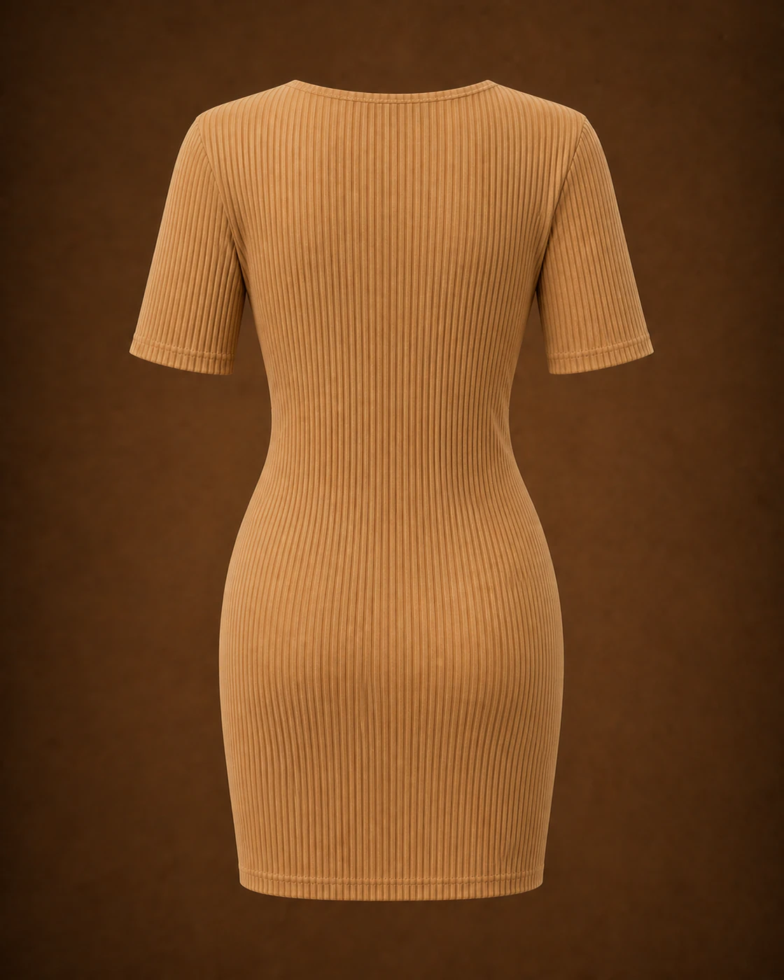 Camel Ribbed Deep-Plunge Short-Sleeve Mini Dress · garment back.