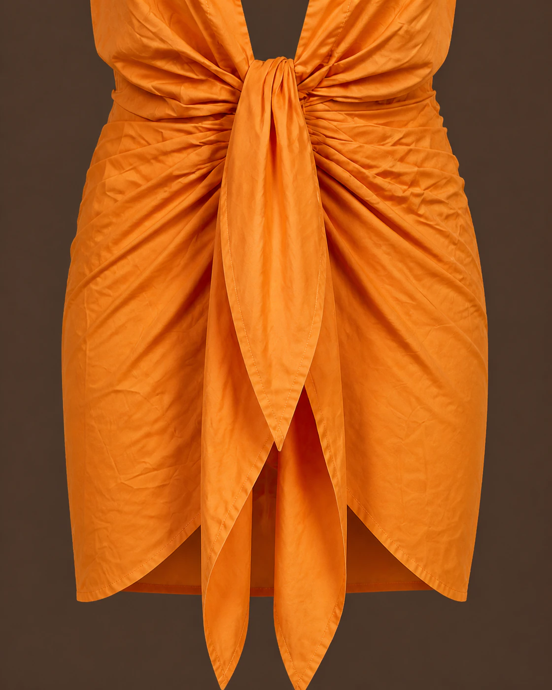 Orange Halter Tie-Front Gathered Wrap Mini Dress · fabric detail.