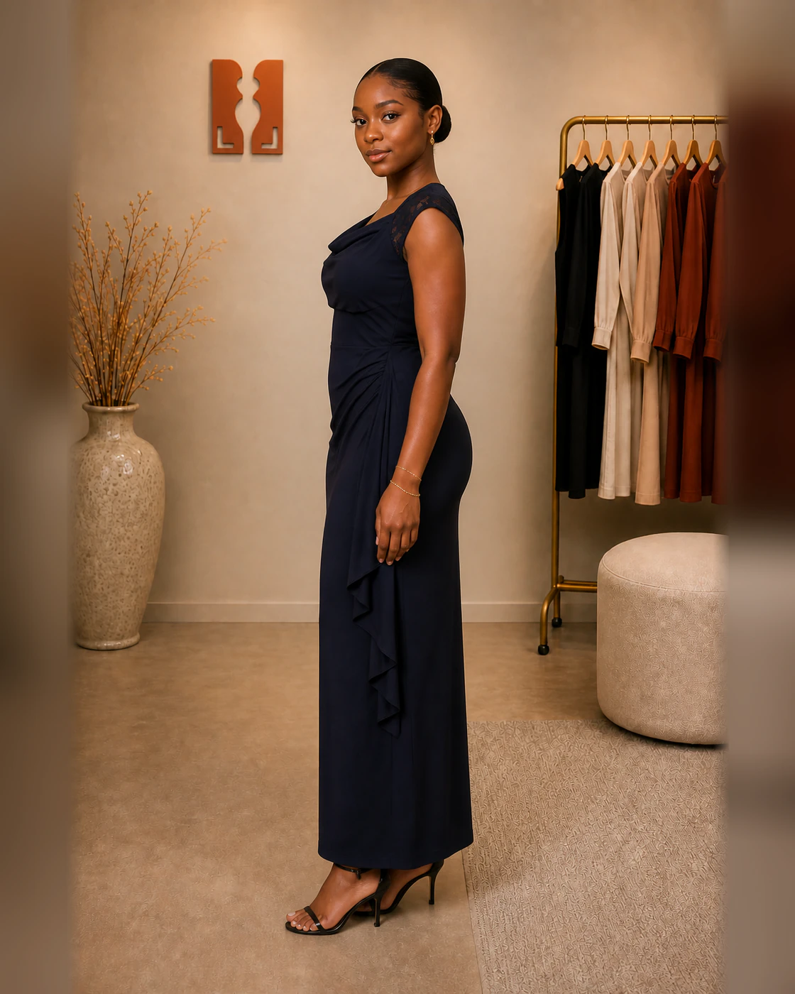 Dark Navy Draped Cowl-Neck Side-Cascade Maxi Dress · on lulu · left profile.