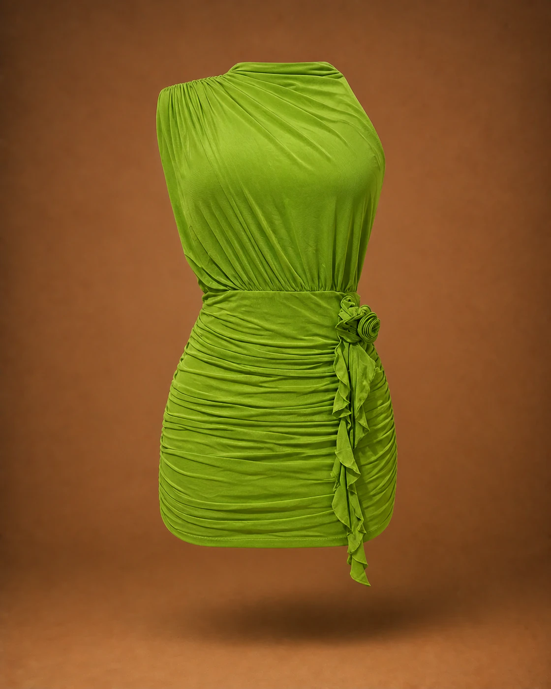 Lime One-Shoulder Rosette Ruched Mini Dress · garment back.