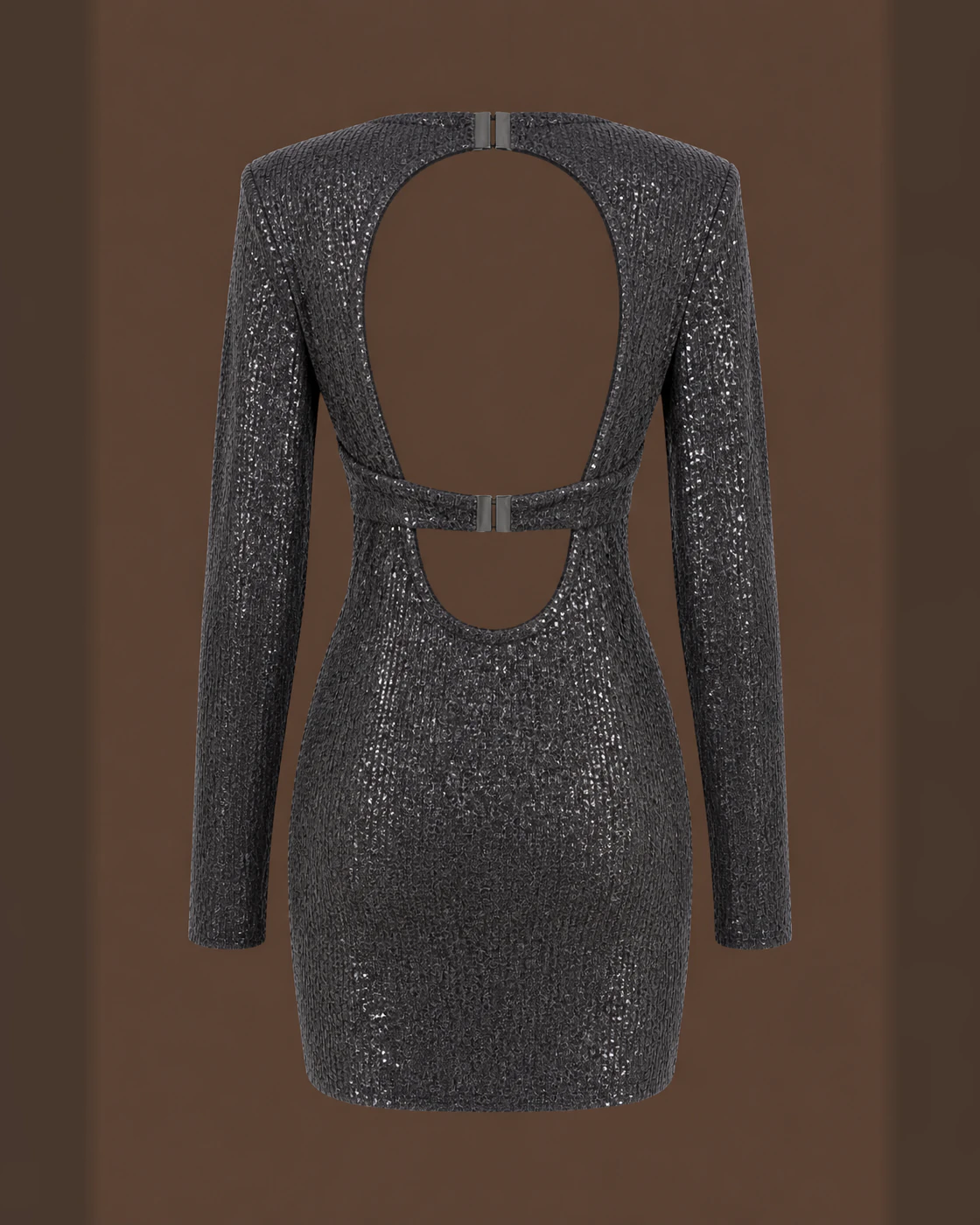 Gunmetal Sparkle Open-Back Long-Sleeve Mini Dress · garment back.