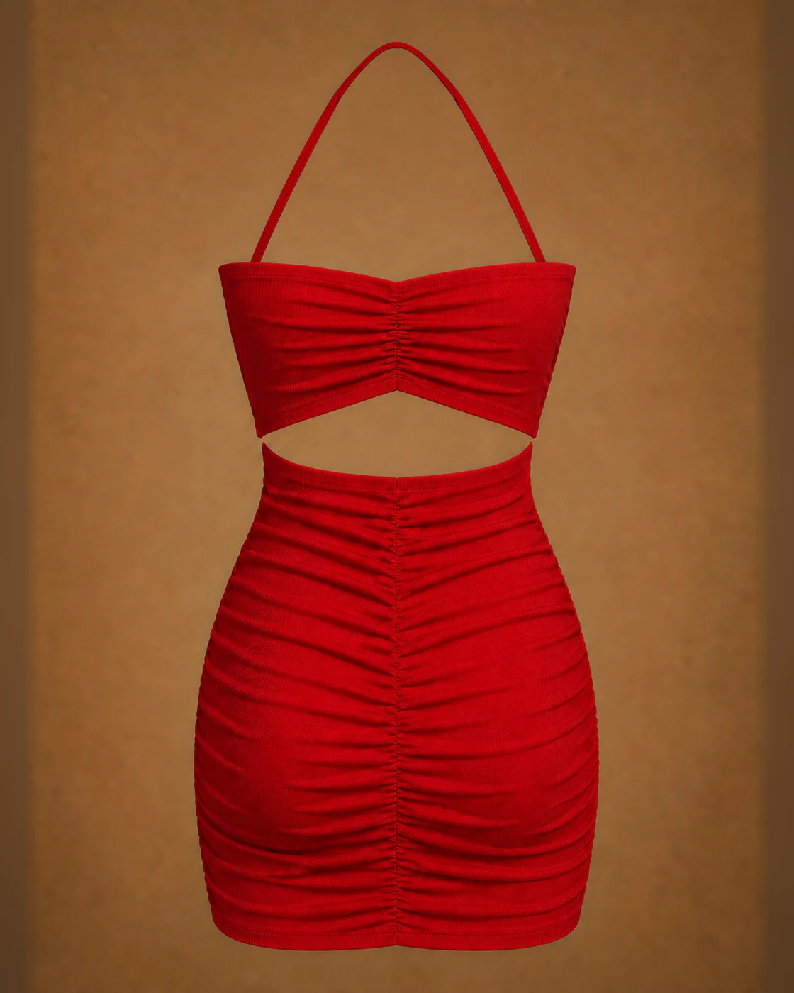 Scarlet Rosette Halter Cutout Ruched Mini Dress · garment back.