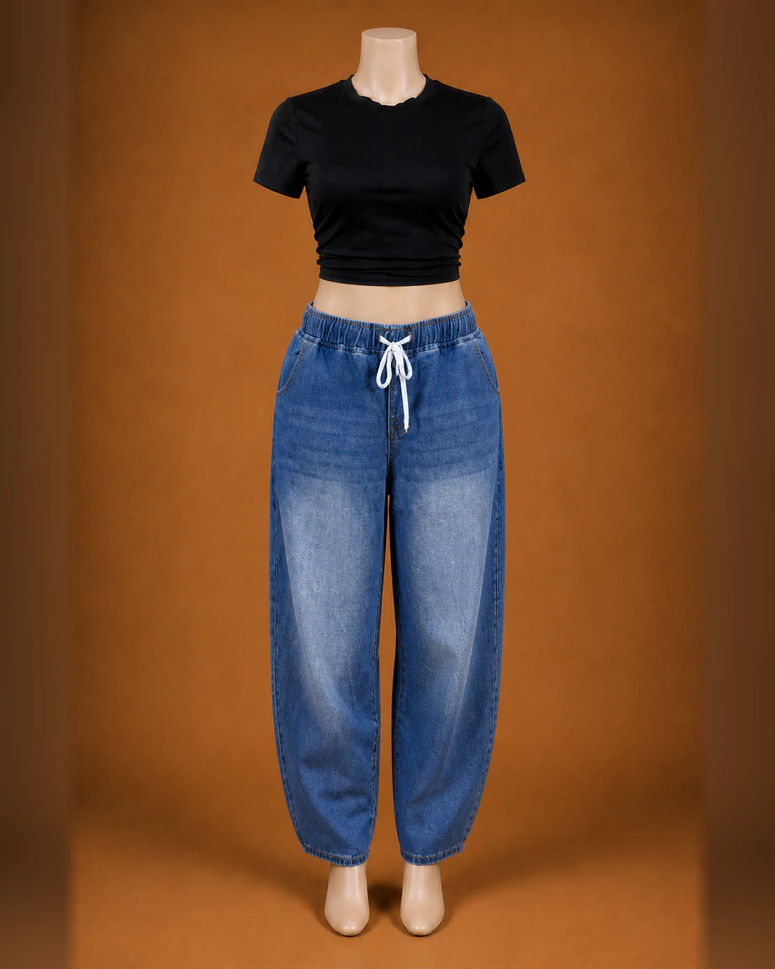 Black Cropped Tee and Blue-Wash Drawstring Barrel Trousers Set · on mannequin.