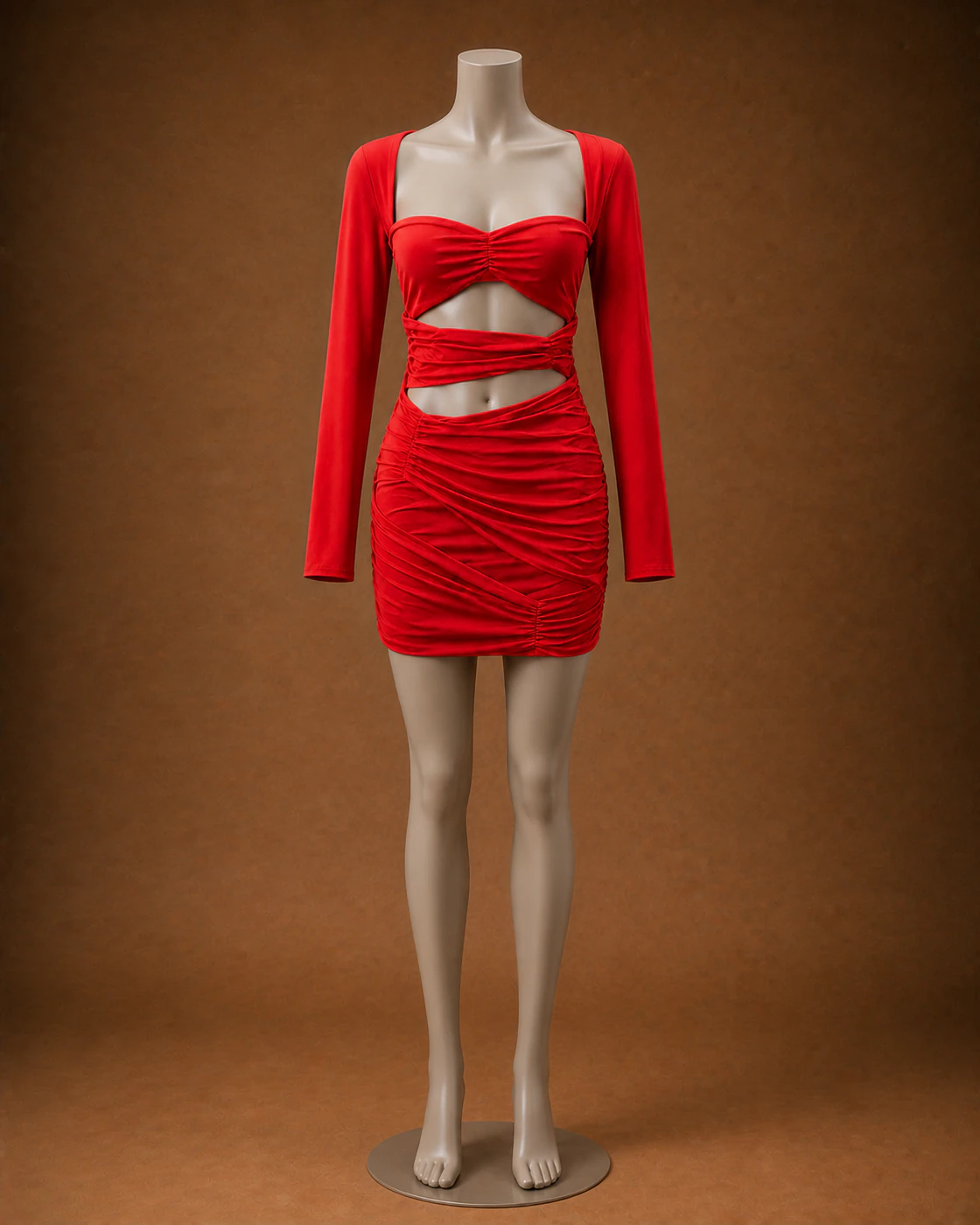 Scarlet Long-Sleeve Layered-Cutout Ruched Mini Dress · on mannequin.