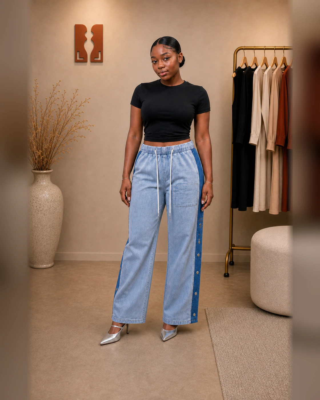 Black Cropped Tee and Light-Wash Snap-Panel Trousers Set · on lulu · front.