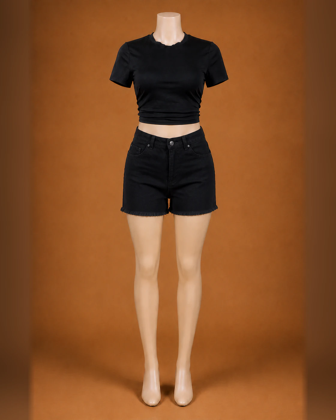 Black Cropped Tee and Mid-Thigh Black Cut-Off Shorts Set · on mannequin.