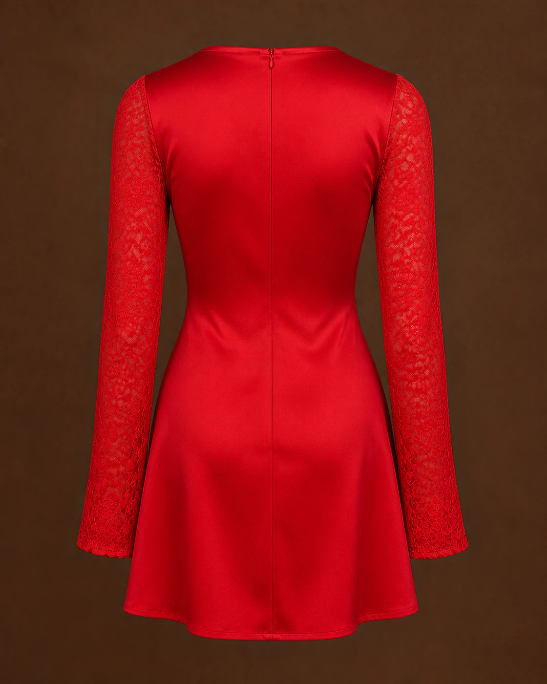 Red Lace-Cup Long-Sleeve Satin-Look Mini Dress · garment back.