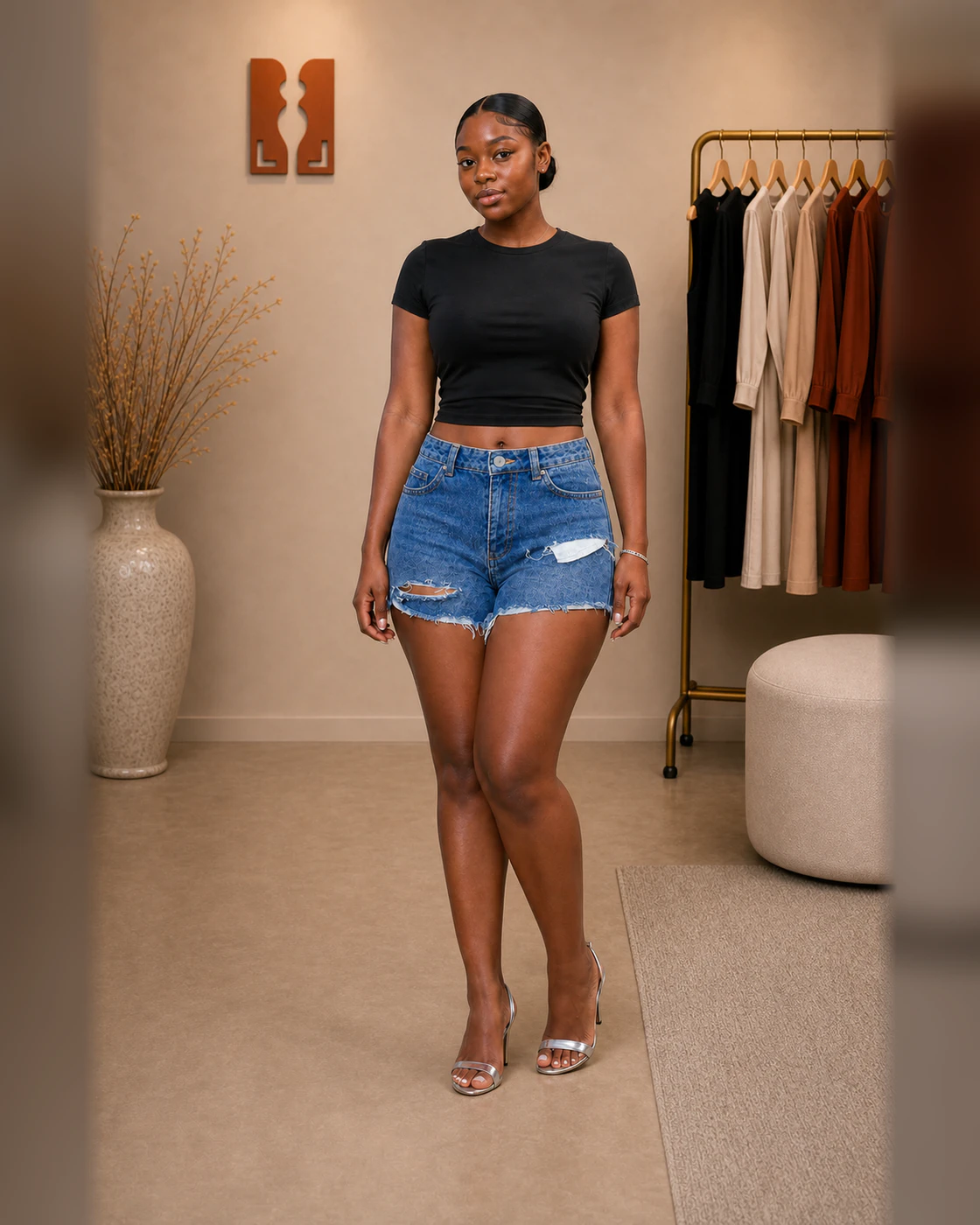 Black Cropped Tee and Blue Distressed Shorts Set · on lulu · front.