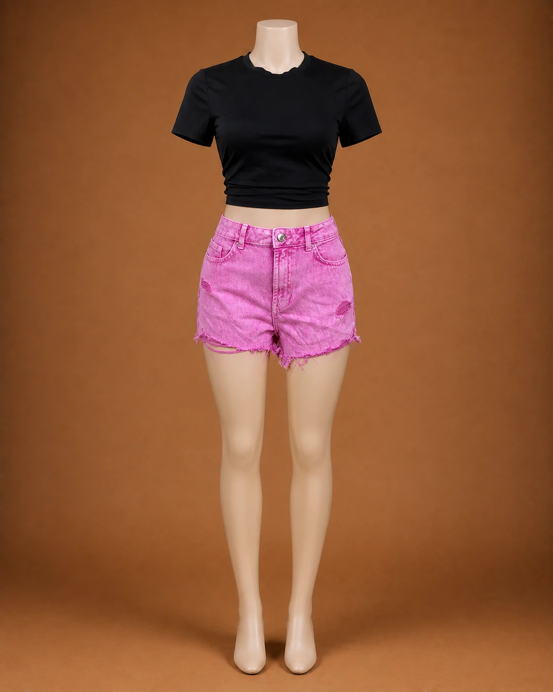 Black Cropped Tee and Pink Distressed Shorts Set · on mannequin.