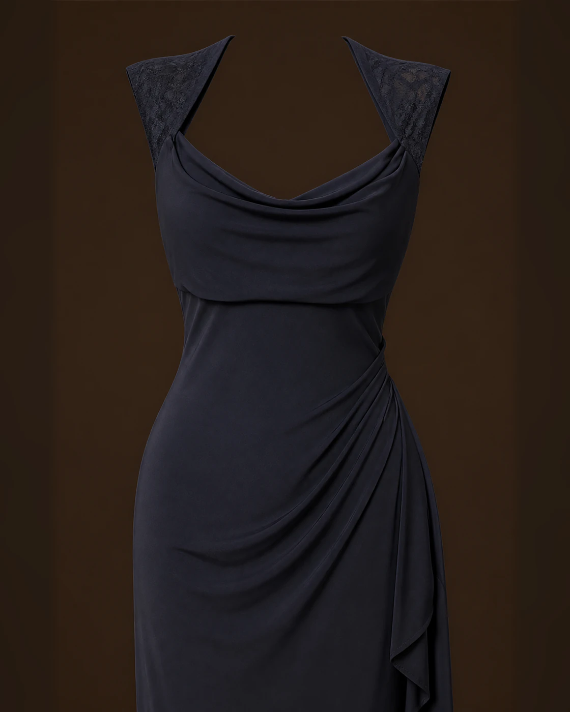 Dark Navy Draped Cowl-Neck Side-Cascade Maxi Dress · fabric detail.