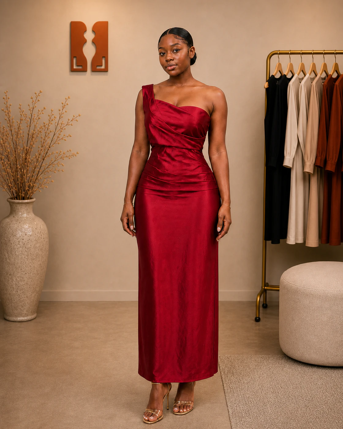 Crimson Asymmetric Draped Satin Maxi Dress · on lulu · front.