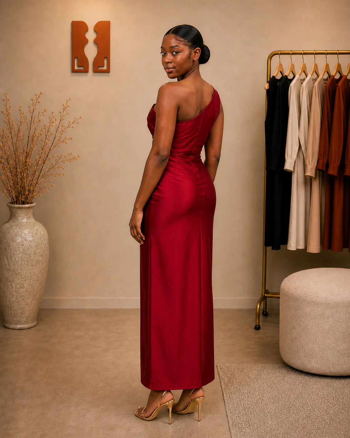 Crimson Asymmetric Draped Satin Maxi Dress · on lulu · right rear three-quarter.