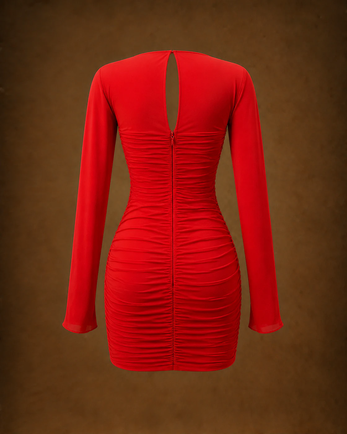 Scarlet Long-Sleeve Layered-Cutout Ruched Mini Dress · garment back.