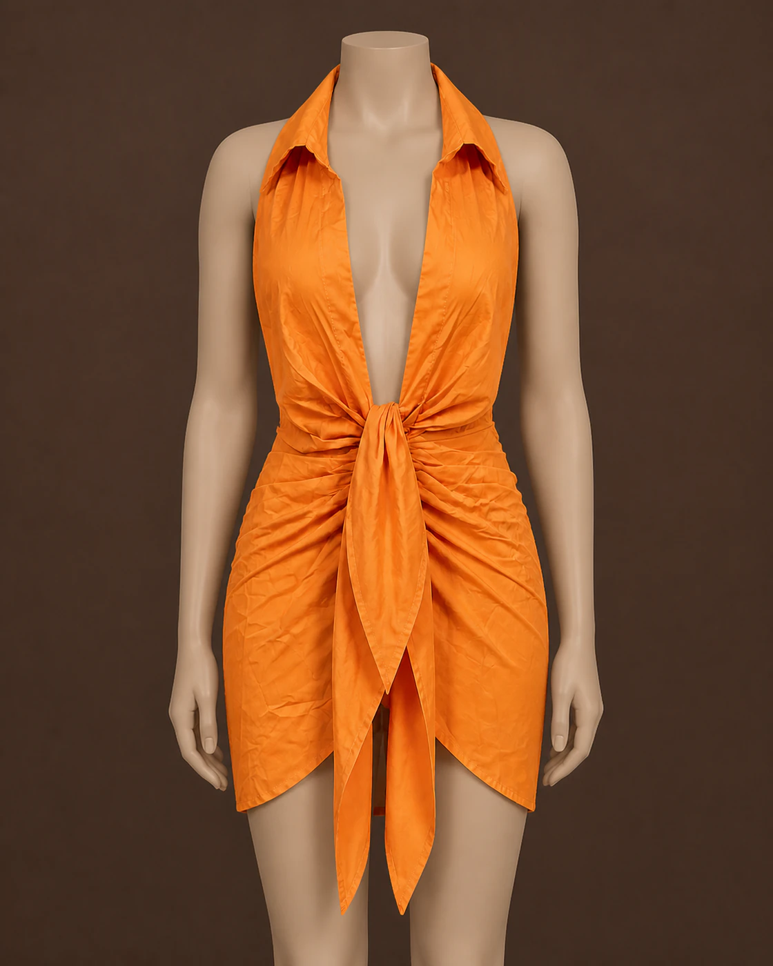 Orange Halter Tie-Front Gathered Wrap Mini Dress · on mannequin.
