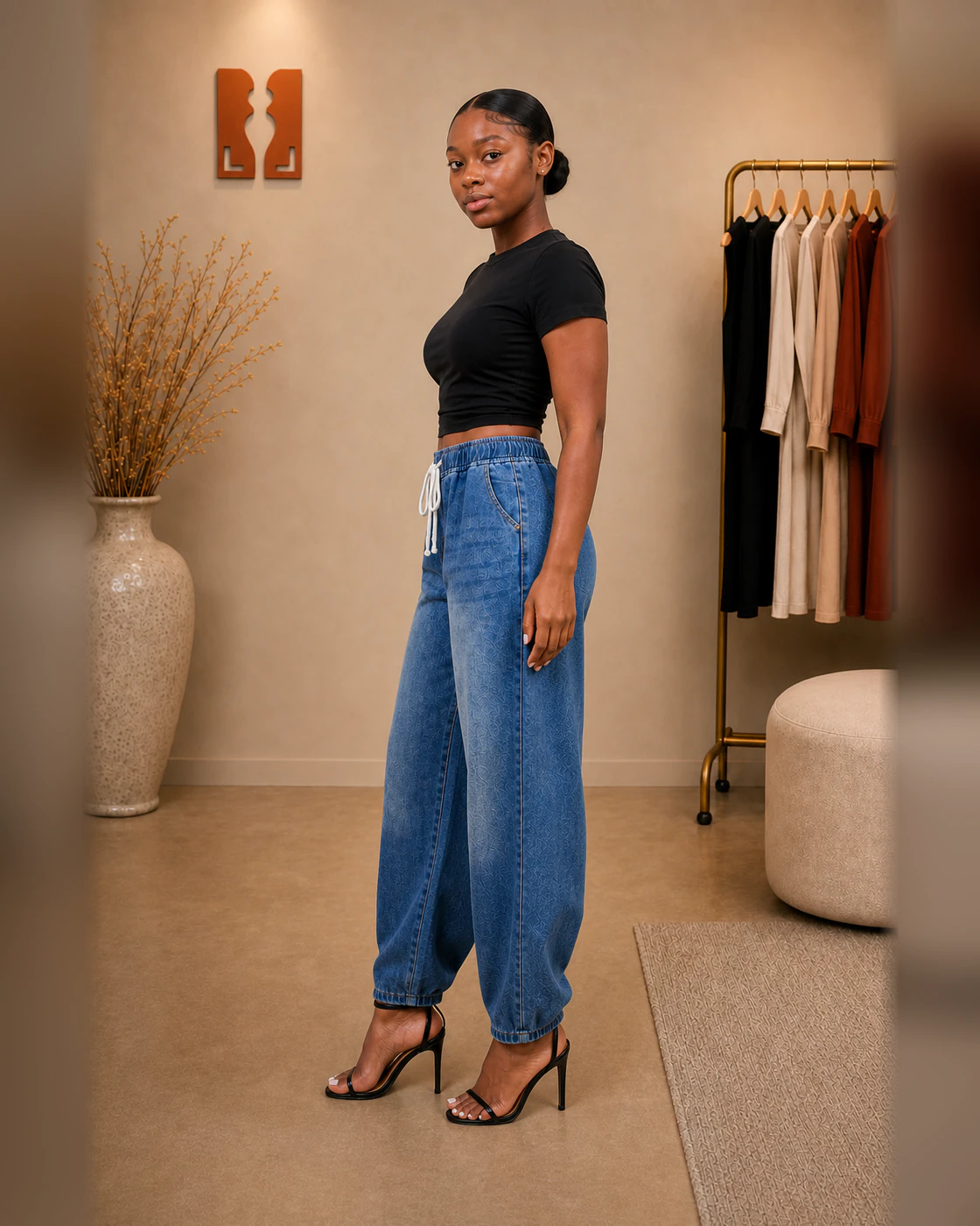 Black Cropped Tee and Blue-Wash Drawstring Barrel Trousers Set · on lulu · left profile.