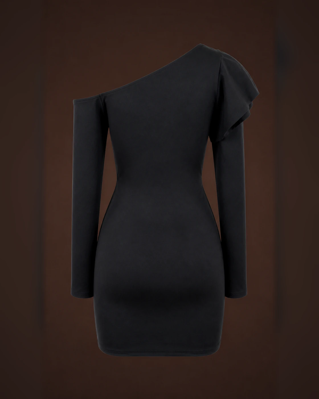 Black Asymmetric Sculpted-Shoulder Mini Dress · garment back.