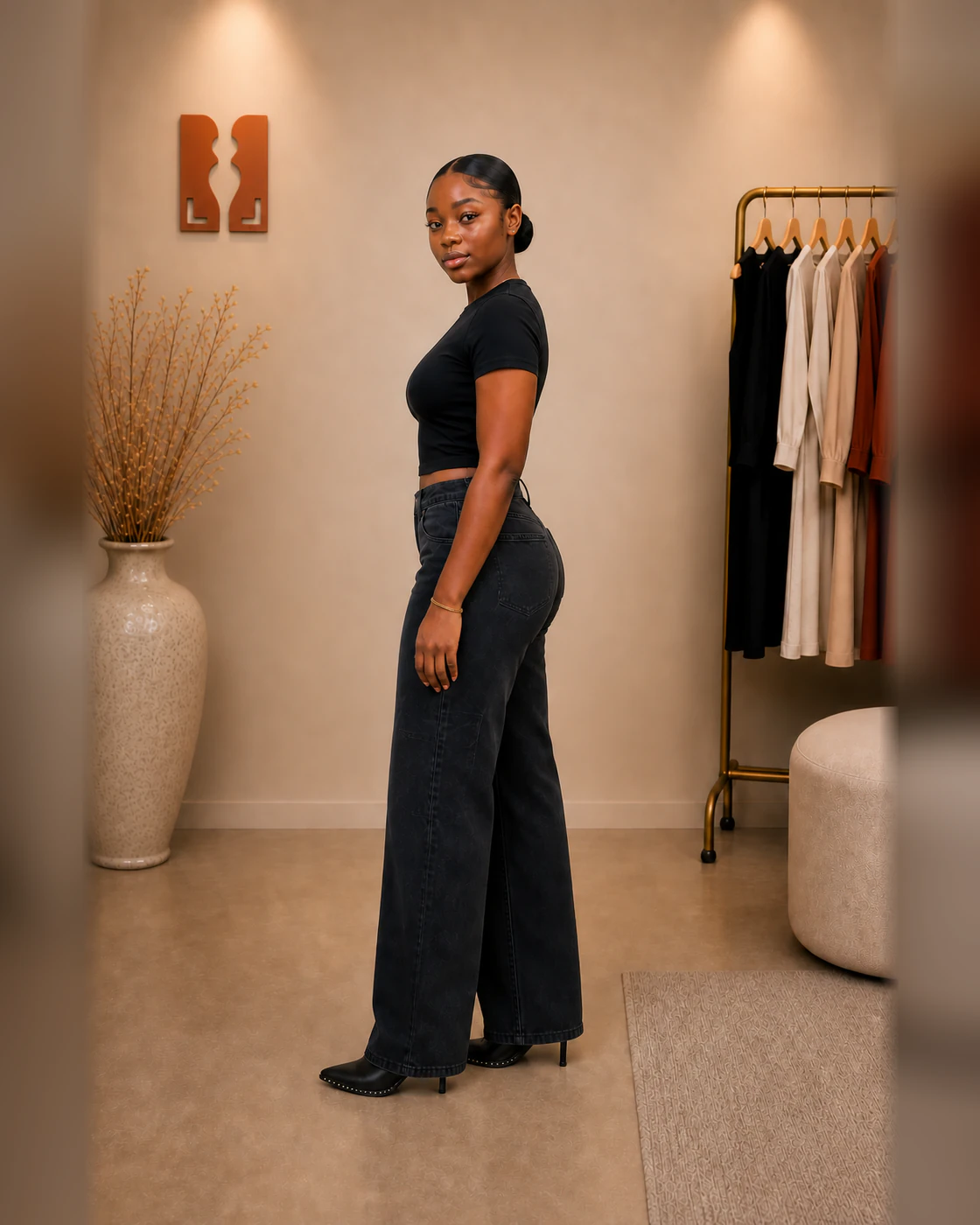 Black Cropped Tee and Washed Black Wide-Leg Cargo Jeans Set · on lulu · left profile.