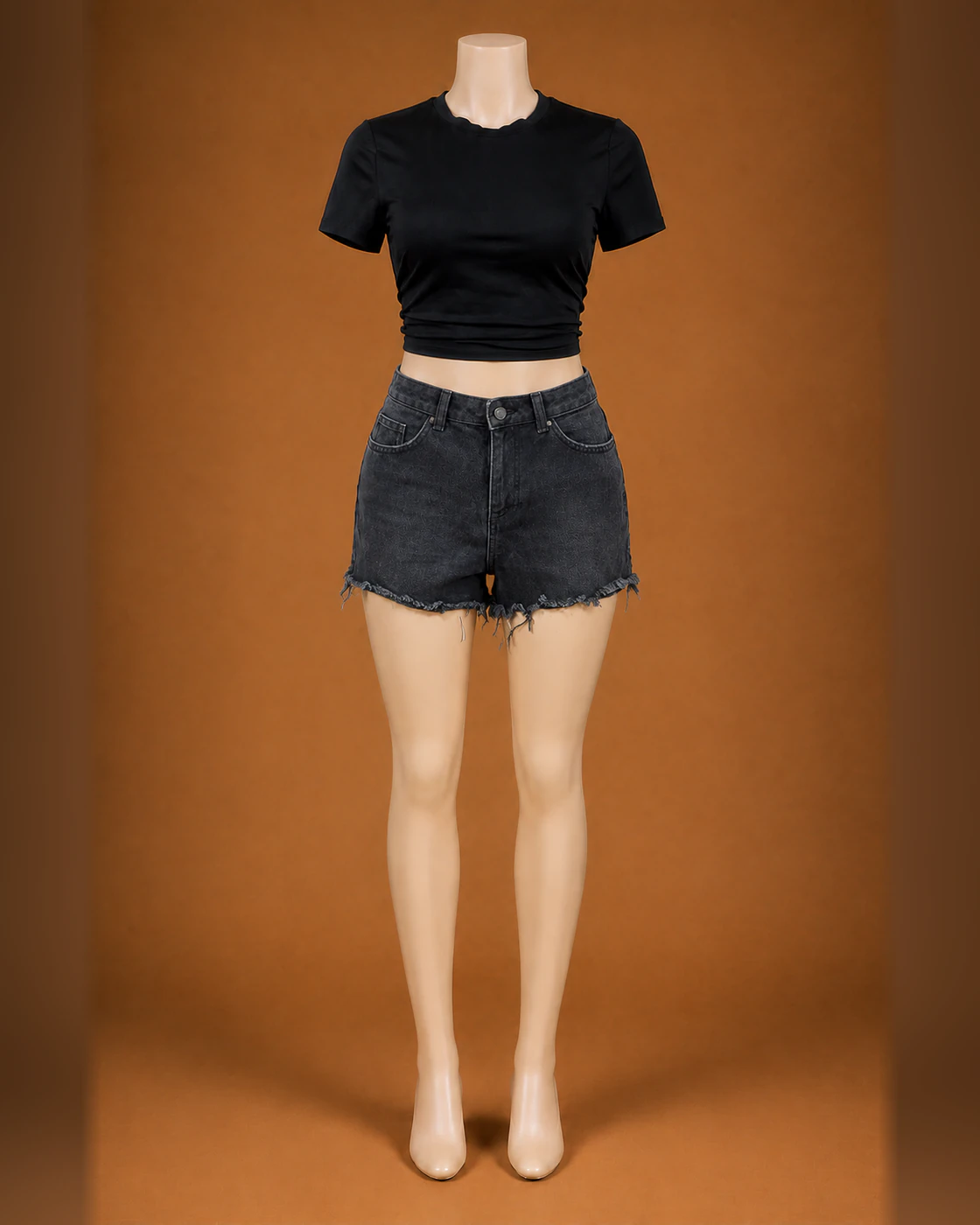 Black Cropped Tee and Charcoal Cut-Off Shorts Set · on mannequin.