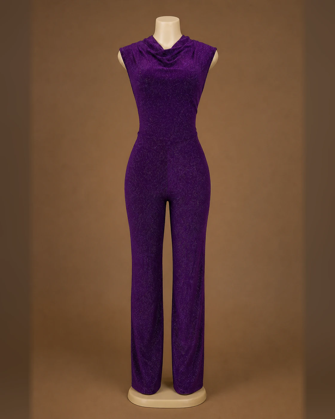 Plum Sparkle Cowl-Neck Jumpsuit · on mannequin.