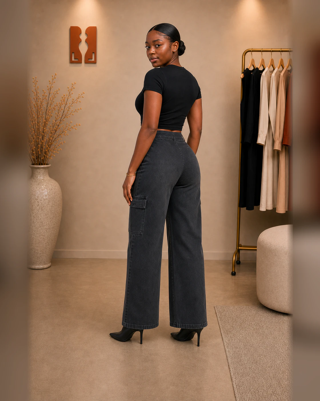 Black Cropped Tee and Charcoal-Wash Wide-Leg Cargo Jeans Set · on lulu · right rear three-quarter.