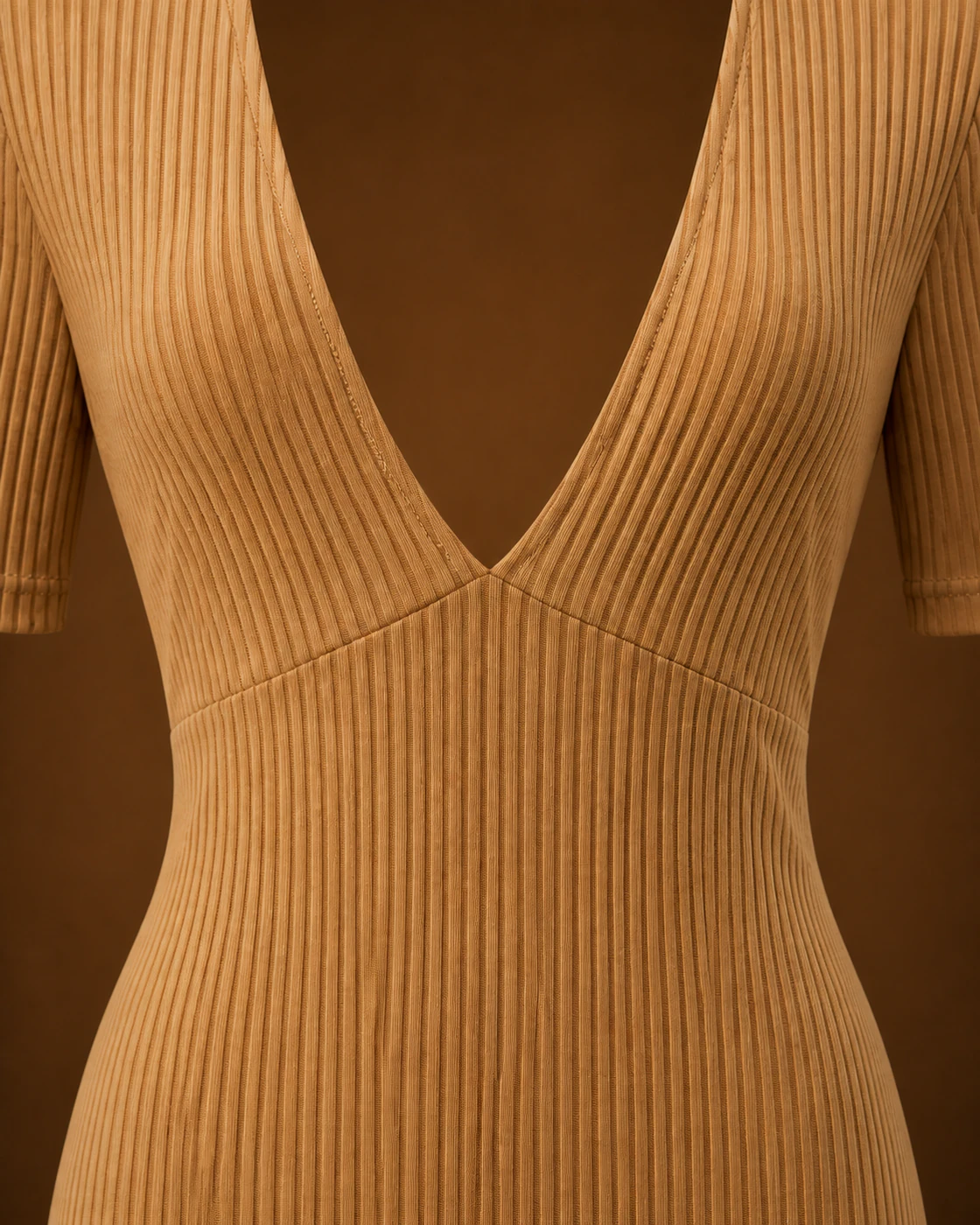 Camel Ribbed Deep-Plunge Short-Sleeve Mini Dress · fabric detail.