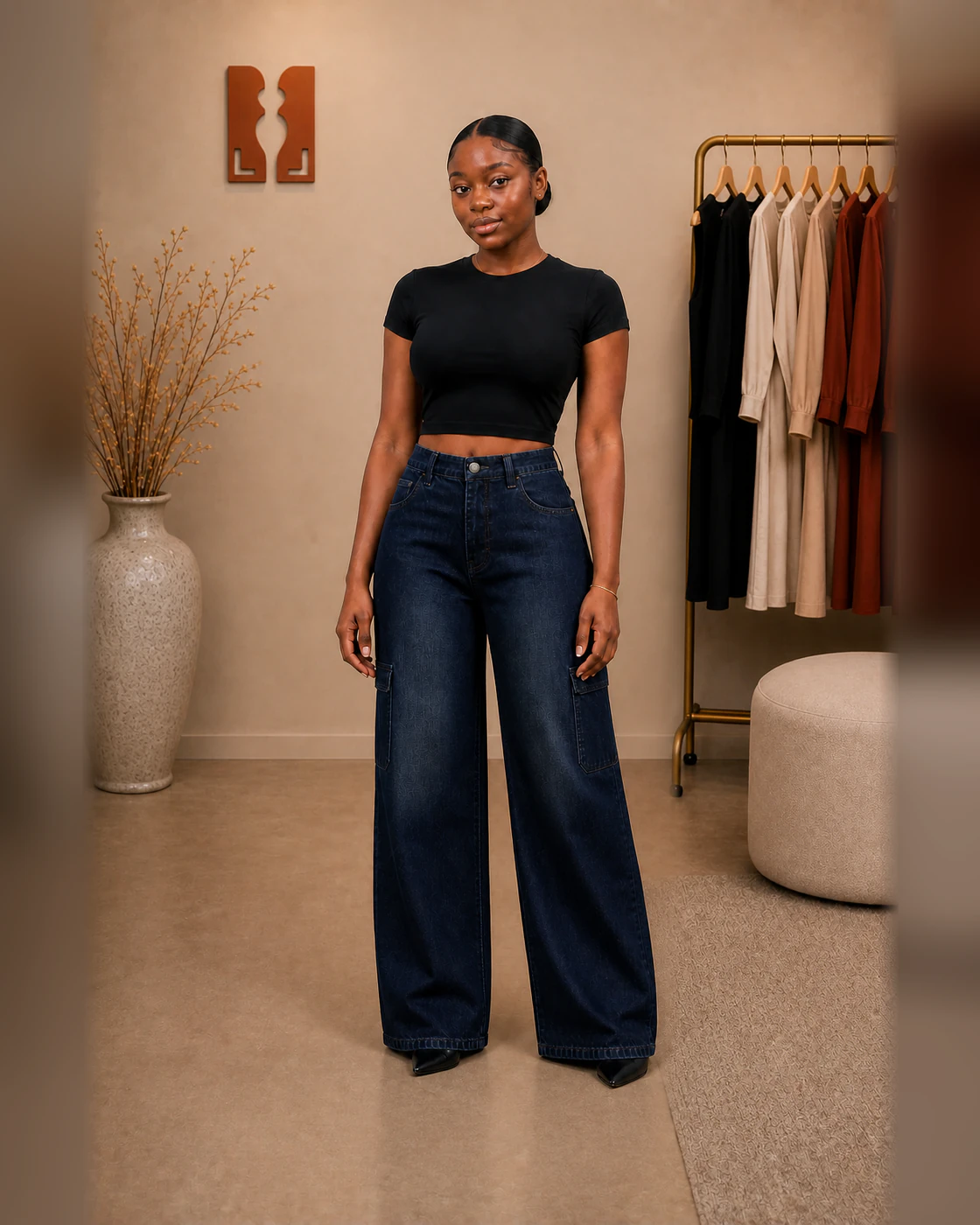 Black Cropped Tee and Dark Indigo Wide-Leg Cargo Jeans Set · on lulu · front.