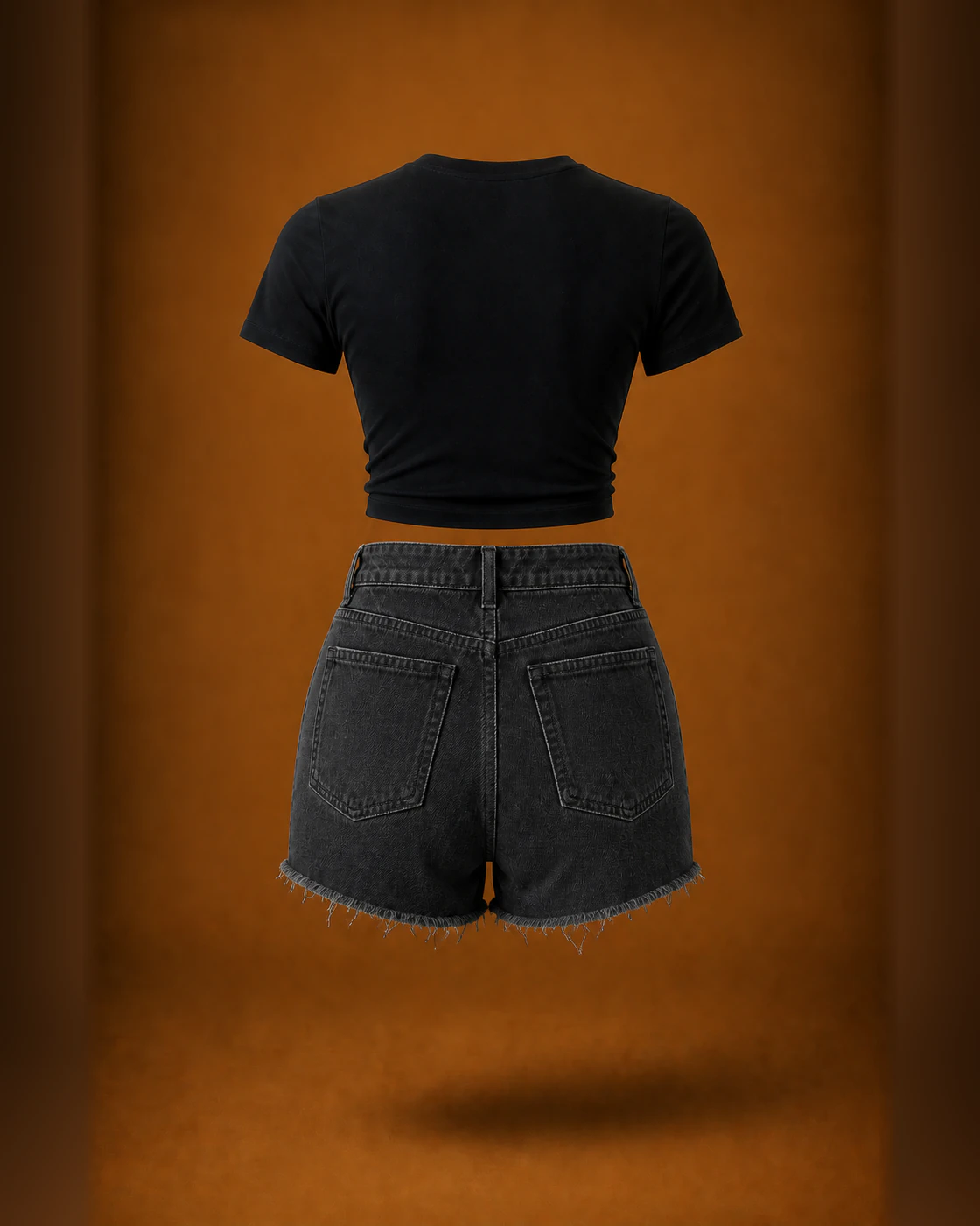 Black Cropped Tee and Charcoal Cut-Off Shorts Set · garment back.