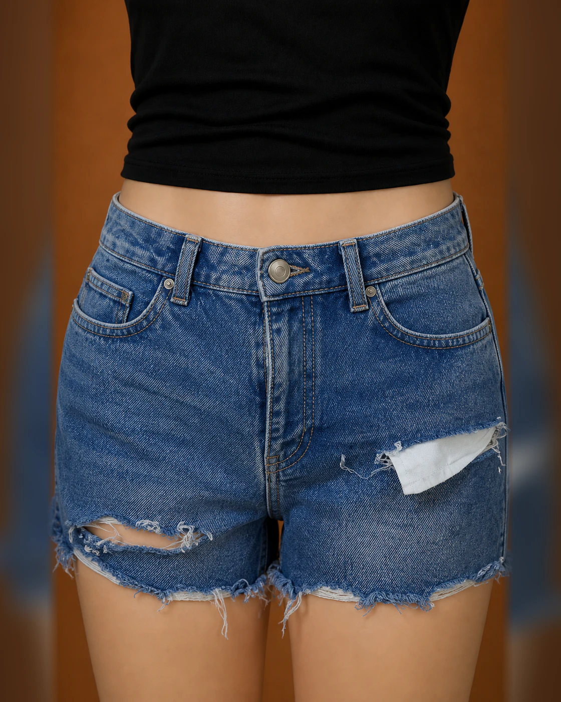 Black Cropped Tee and Blue Distressed Shorts Set · fabric detail.