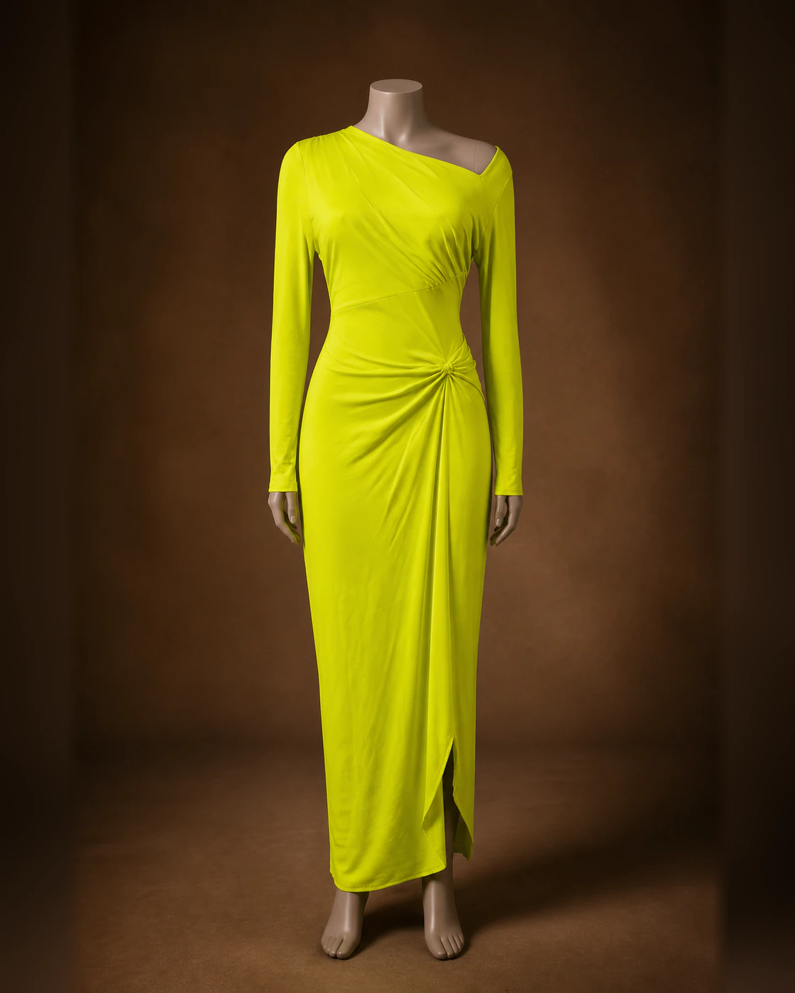 Neon Chartreuse Asymmetric Ruched-Knot Maxi Dress · on mannequin.