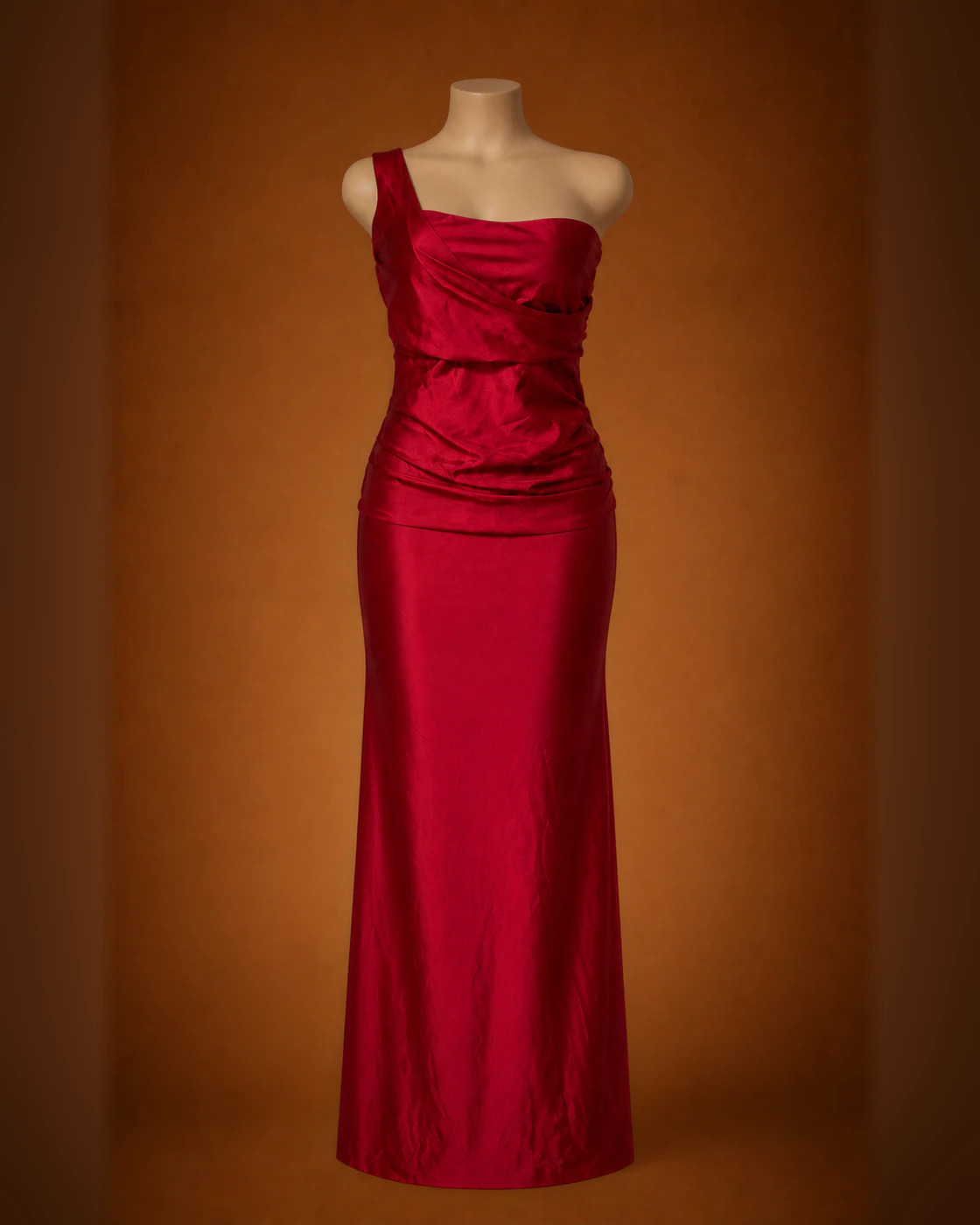 Crimson Asymmetric Draped Satin Maxi Dress · on mannequin.