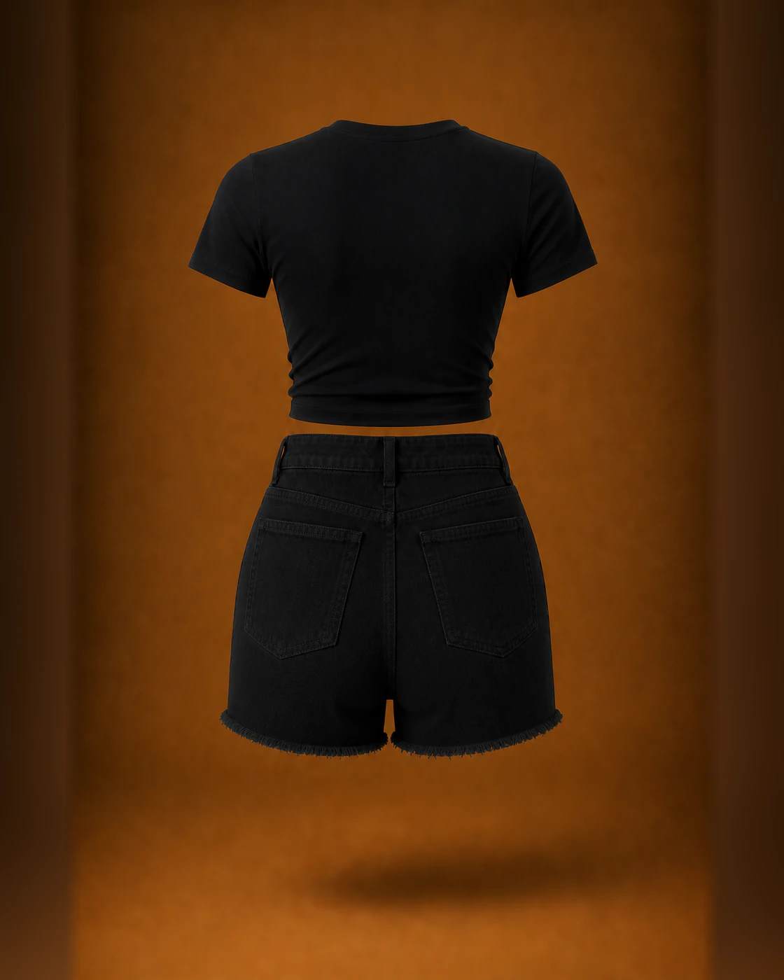 Black Cropped Tee and Mid-Thigh Black Cut-Off Shorts Set · garment back.