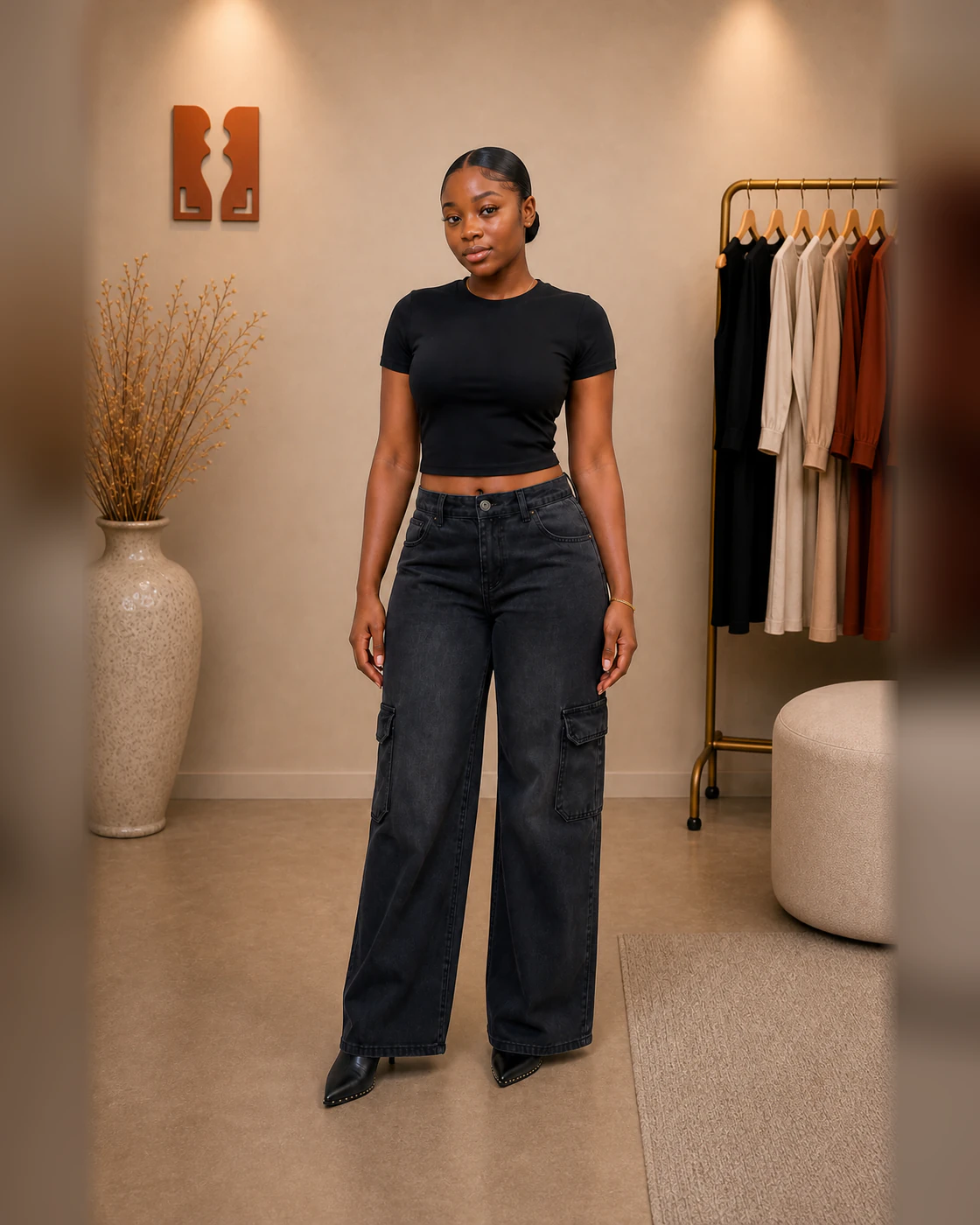 Black Cropped Tee and Washed Black Wide-Leg Cargo Jeans Set · on lulu · front.
