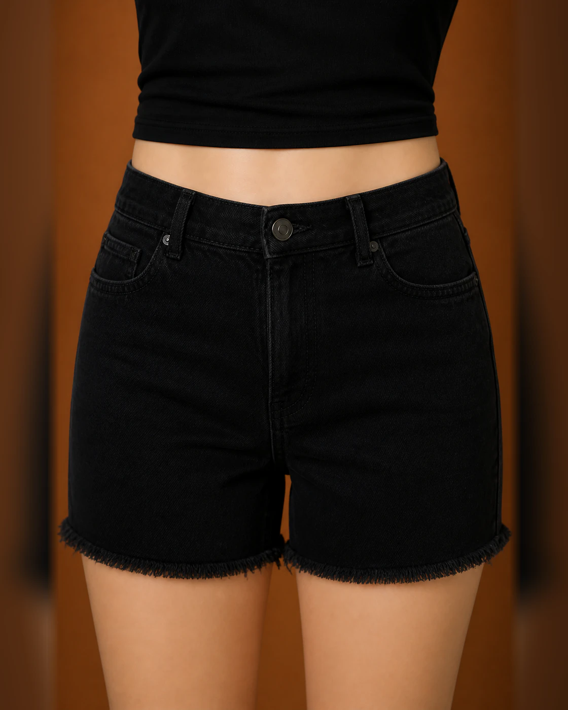Black Cropped Tee and Mid-Thigh Black Cut-Off Shorts Set · fabric detail.