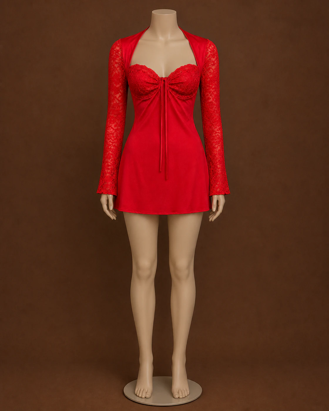 Red Lace-Cup Long-Sleeve Satin-Look Mini Dress · on mannequin.