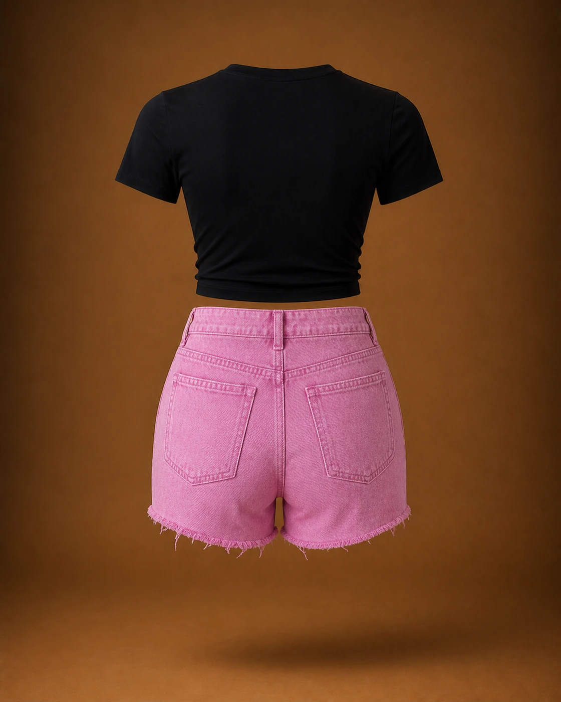 Black Cropped Tee and Pink Distressed Shorts Set · garment back.