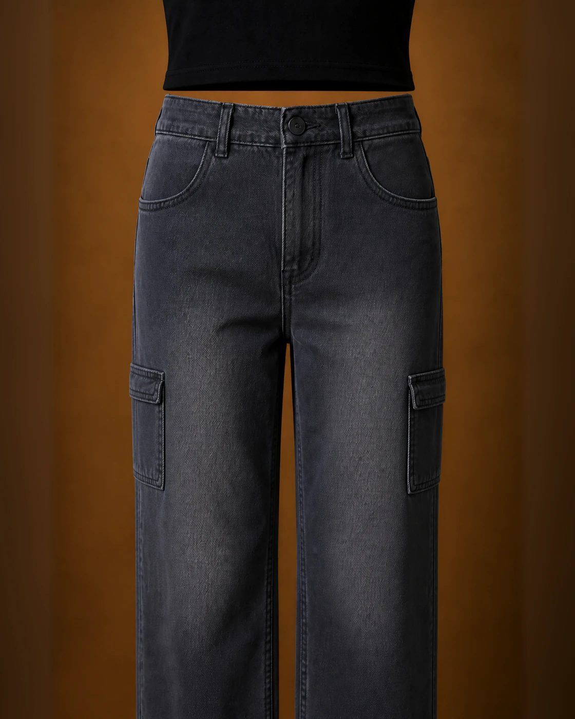 Black Cropped Tee and Charcoal-Wash Wide-Leg Cargo Jeans Set · fabric detail.