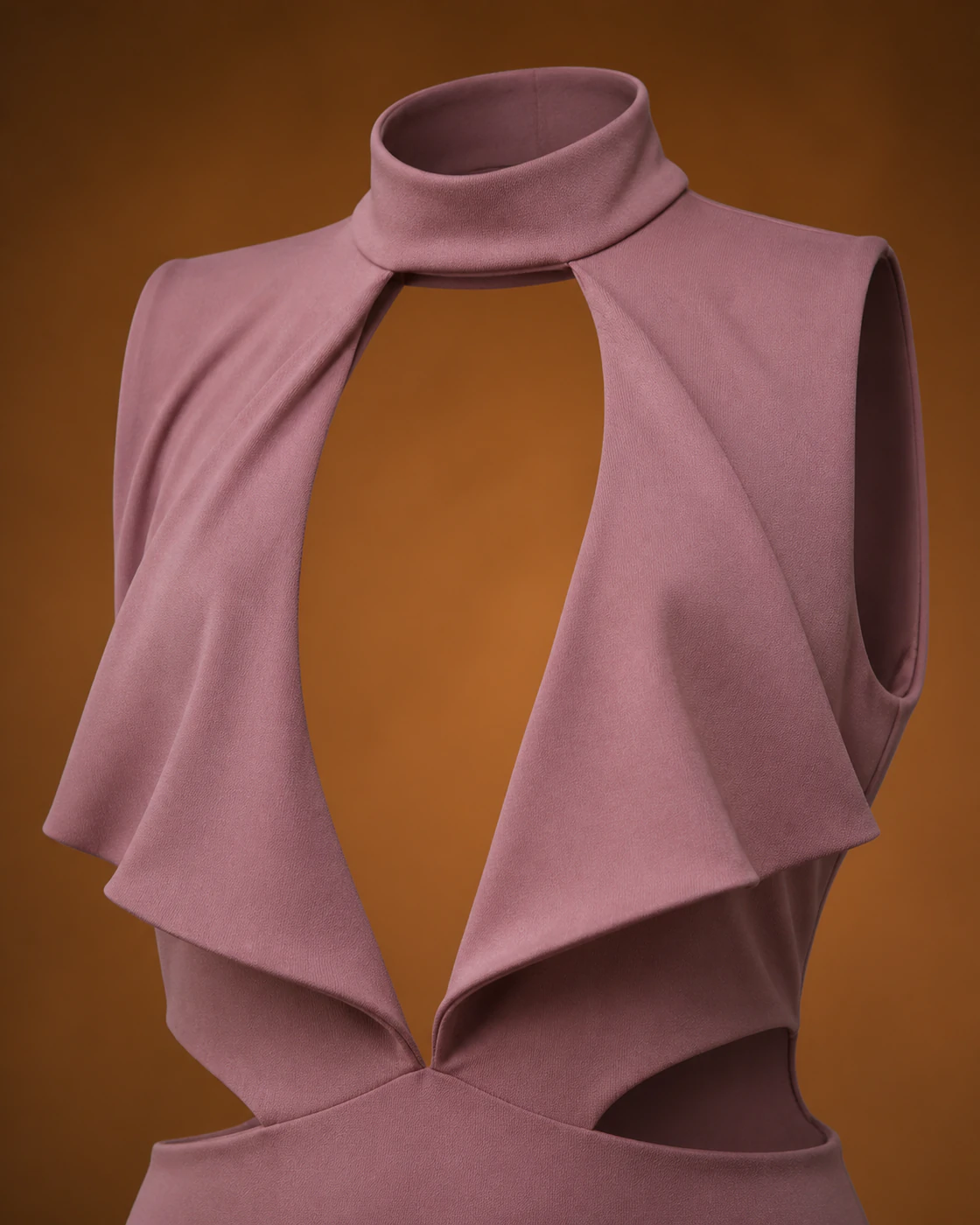 Mauve Architectural Cutout Open-Back Mini Dress · fabric detail.