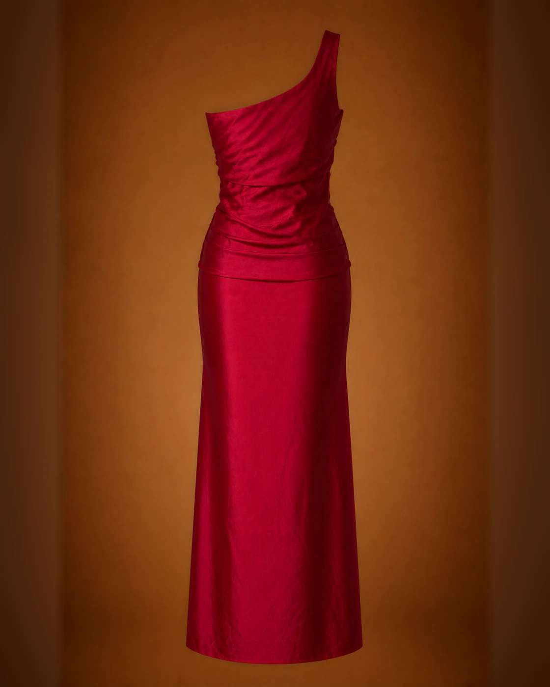 Crimson Asymmetric Draped Satin Maxi Dress · garment back.